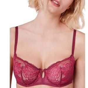 Simon Perele Bra 32C Promesse Lace Demi Cup Bra Underwire Magenta NEW